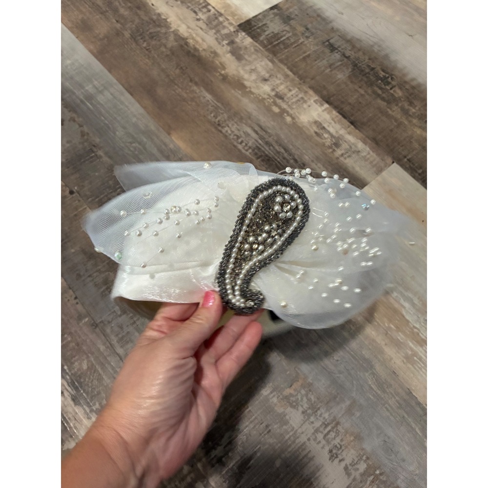 Whittall & Shon Ivory Straw Pillbox Hat Pearl Tulle Paisley Beaded Church Event